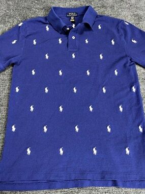 POLO Ralph Lauren Blue With AOP Embroidered White Ponies Polo Shirt Youth XL